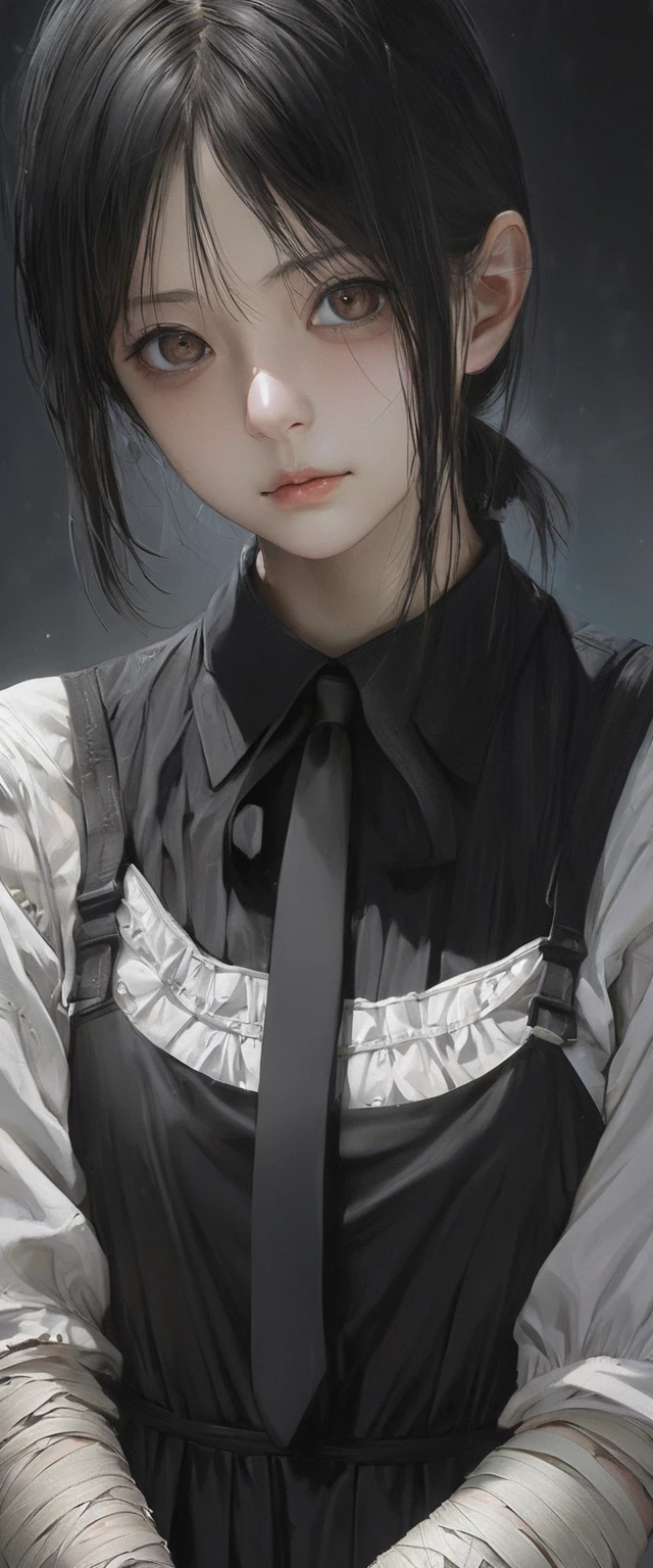 detailed face, cute face, ((masterpiece, Highest quality)), (One girl), (alone), (Focus on women), night (Chainsaw Man),(Highly detailed face, The real picture, Realistic white skin, Realistic body, Intricate details), Upper Body, Severe , Brown eyes, Looking at the audience, bandage over the body, Black Hair, Long sleeve shirt, Pinafore dress, Black tie, bandage, bandage, Small breasts