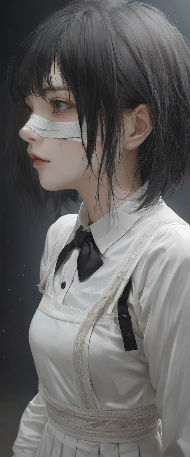 detailed face, cute face, ((masterpiece, Highest quality)), (One girl), (alone), (Focus on women), night (Chainsaw Man),(Highly detailed face, The real picture, Realistic white skin, Realistic body, Intricate details), Upper Body, Severe , Brown eyes, Looking at the audience, bandage over the body, Black Hair, Long sleeve shirt, Pinafore dress, Black tie, bandage, bandage, Small breasts