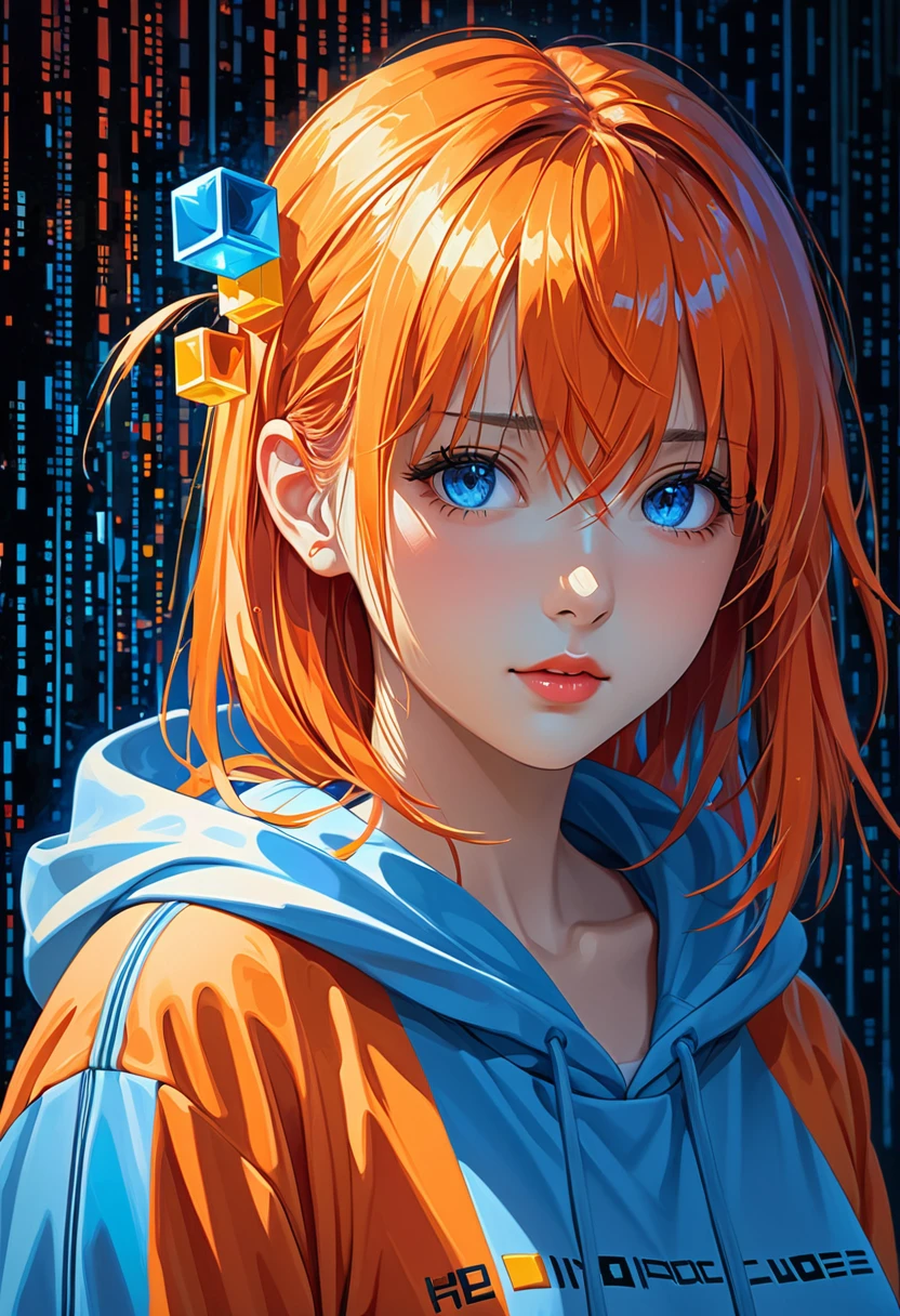 masterpiece, (beautiful and aesthetic:1.5), surrealism, highly detailed, anime, a portrait painting of 1girl, orange and blue color pallet, wearing hoodie hard brush, binary code effect, paintings effect, heavy inking, featured on pixiv, saturated colours, red blue, pixels, hypercube, pixelsort, epic composition, epic proportion, dynamic lighting, HD
