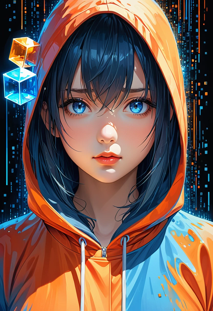 masterpiece, (beautiful and aesthetic:1.5), surrealism, highly detailed, anime, a portrait painting of 1girl, orange and blue color pallet, wearing hoodie hard brush, binary code effect, paintings effect, heavy inking, featured on pixiv, saturated colours, red blue, pixels, hypercube, pixelsort, epic composition, epic proportion, dynamic lighting, HD
