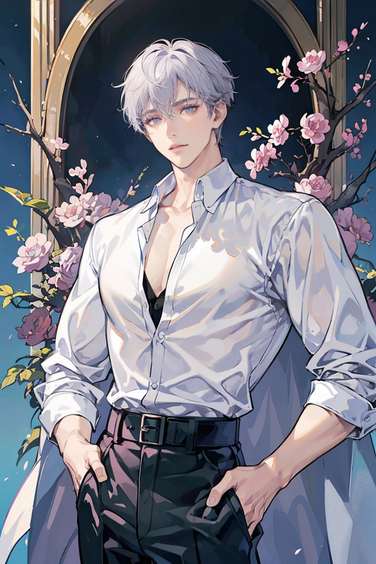 anime - (masterpiece), best quality, seductive eyes, perfect face, mature face, purple eyes, middle part haircut, short length white hair, black compression t-shirt, black pants, tall man, long legs, masculine, broad shoulders, big muscles
