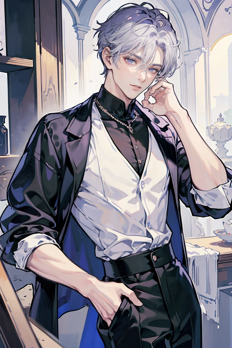 (masterpiece), best quality, seductive eyes, mature face, handsome man, jet black eyes, white elegant hair, black turtleneck, black pants, black coat, broad shoulders, anime cover, 1boy, masculine, smoking, adult-like look