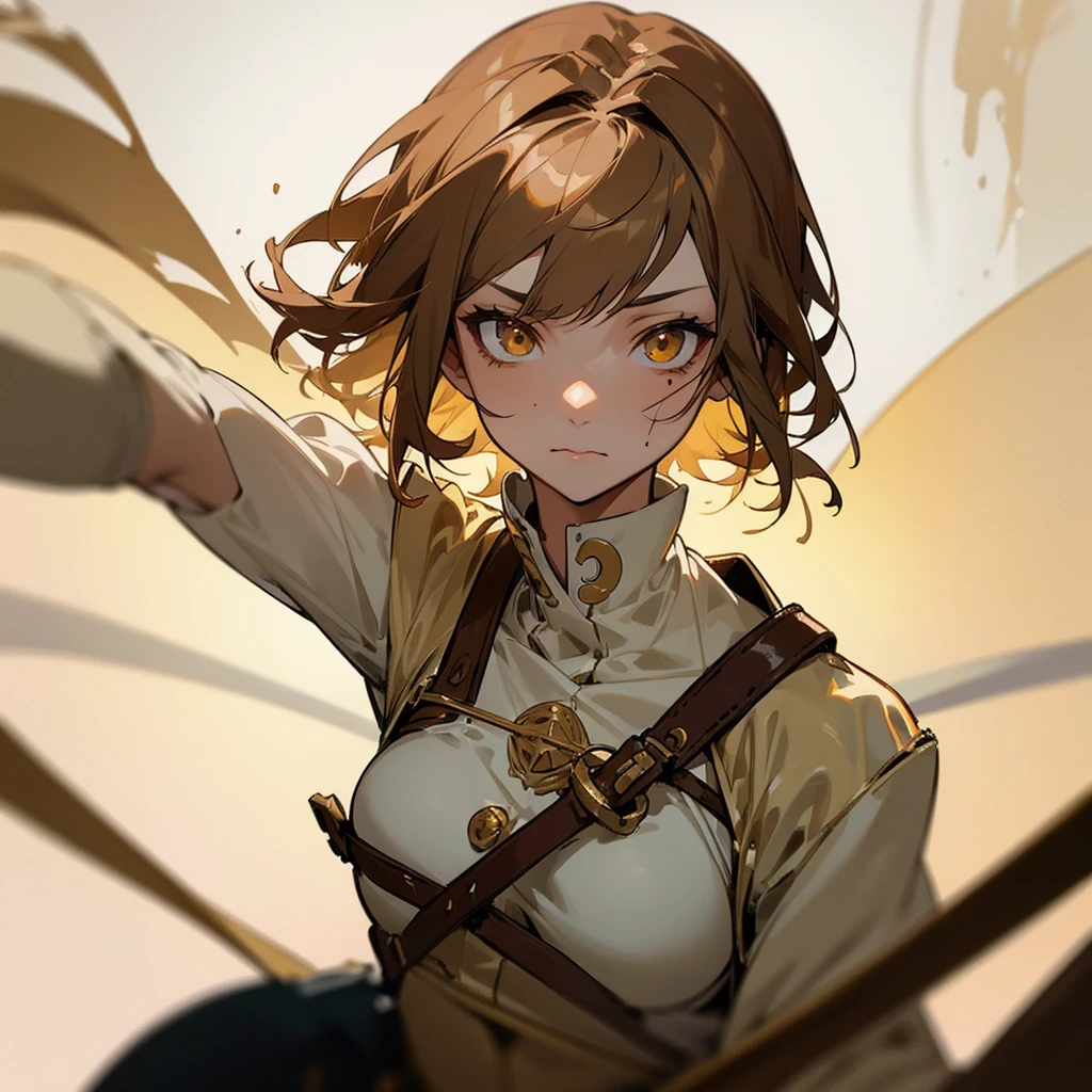 beautiful woman, cute and beautiful face, perfect ???????, short light brown hair, golden eyes, wearing an adventurer's outfit, with blood on her face, one of her eyes bleeding and her body badly injured, looking with hatred at a person, anime style.