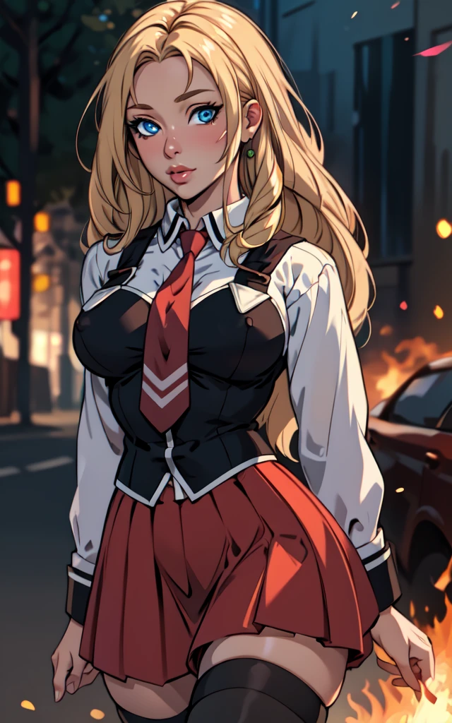 ((masterpiece, best quality)), insaneres, absurdres, solo, outdoors,
CLOTHING_BibleBlack_SchoolDress_ownwaifu, 
1girl, blonde hair,  long hair, blue eyes, 
black vest, red skirt, white shirt, collared shirt, suspenders, , black thighhighs, zettai ryouiki, necktie, long sleeves, pleated skirt, red necktie, 
(portrait, close-up)lens flare, depth of field, bokeh, embers, vanishing point, looking at viewer,