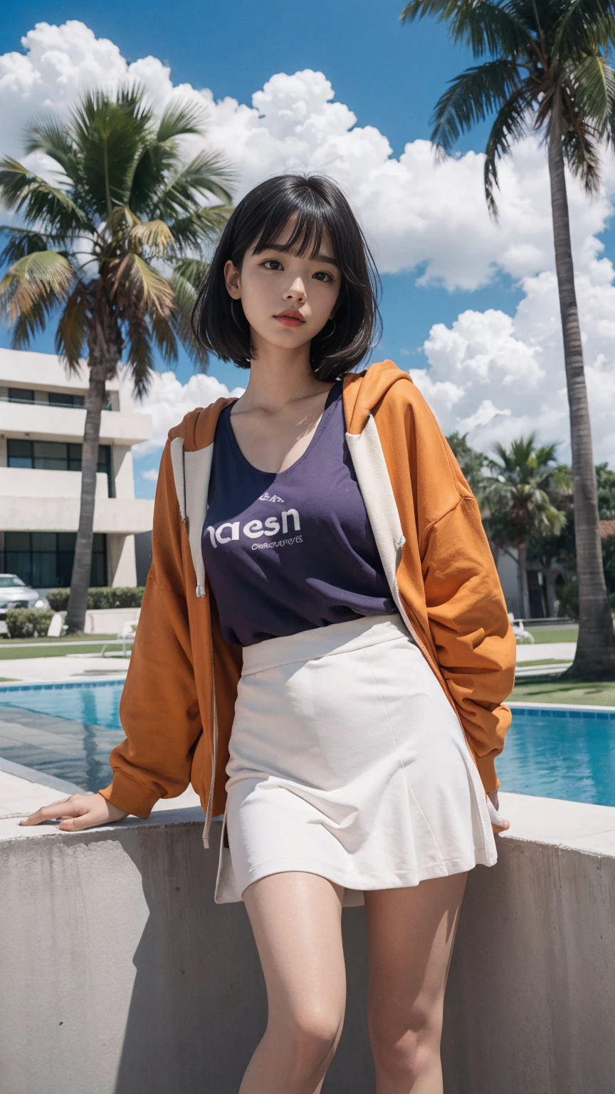 long shot portrait of cute 23 yo girl, (natural big breast) ,wear ((orange color oversized hoodie)), wear ((purple tennis skirt)),looking front,Best Quality,Masterpiece,Ultra High Resolution,(Realisticity:1.4),Original Photo, 1Girl, light leak,ultra high resolution,UHD,beautiful, (black bob hair), almond eye, no makeup, in front of (80's mondrian architecture motel), (realistic:1.2), (surreal:1.3), (very detailed:1.1), ((masterpiece)),summer, blue sky, palm trees,sunny, los angles vibes,film camera, 800mm lens,style of Philip Lorca diCorcia