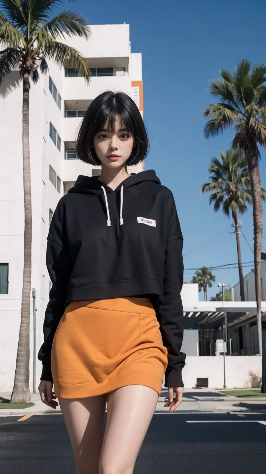 long shot portrait of cute 23 yo girl, (natural big breast) ,wear ((orange color oversized hoodie)), wear ((purple tennis skirt)),looking front,Best Quality,Masterpiece,Ultra High Resolution,(Realisticity:1.4),Original Photo, 1Girl, light leak,ultra high resolution,UHD,beautiful, (black bob hair), almond eye, no makeup, in front of (80's mondrian architecture motel), (realistic:1.2), (surreal:1.3), (very detailed:1.1), ((masterpiece)),summer, blue sky, palm trees,sunny, los angles vibes,film camera, 800mm lens,style of Philip Lorca diCorcia