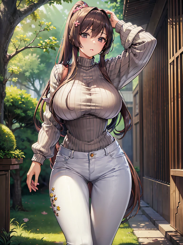 (masterpiece)), ((best quality)), (ultra-detailed), ((kawaii)), cute, (lovely), ((extremely detailed)), 4K, (8K), best quality, (beautiful),(((world-class quality))), extremely detailed, high resolution, (detailed shaded pretty face), full body, teenager, solo, (((gigantic breasts))), (((sagging breasts))), spring_costume, brown sweater, sweater, ribbed_sweater, long_sleeves, white_pants,