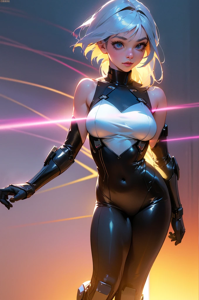 8k, photo-realistic, Beautiful girl, big breasts, sexy body, Curvy, (best quality, masterpiece, perfect ligthing, bloom, cinematic lighting), gwen stacy, perfect eyes, detailed eyes, upper body, full body, spider-gwen suit, bodysuit, superhero, gwen stacy, blonde hair, blue hair, short hair, animification, eyebrow piercing, huge breasts, big round perfect breasts, (sexy body), (((oversized breasts))), huge cleavage,