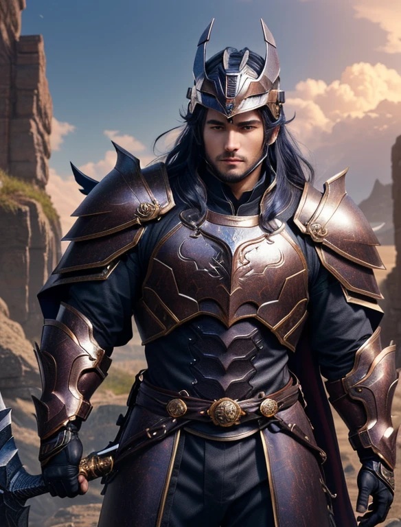 (Highest qualityのディテール:1.2, Realistic, 8K Ultra HD, High resolution、 Highest quality, Super detailed, 超High resolution)、Cain　Highwind、Dragon Knight、聖Dragon Knight、 Iron filing, Male Prometheus, ((He wears a large helmet in the shape of a dragon&#39;s face.)), Wearing a mask、Blue color armor、Arm guard, Has a very long and sharp dragon spear、Dragon Spear Gáe Bolg、Standing with your legs apart、Glaring at the camera、((There&#39;s a big dragon behind him))