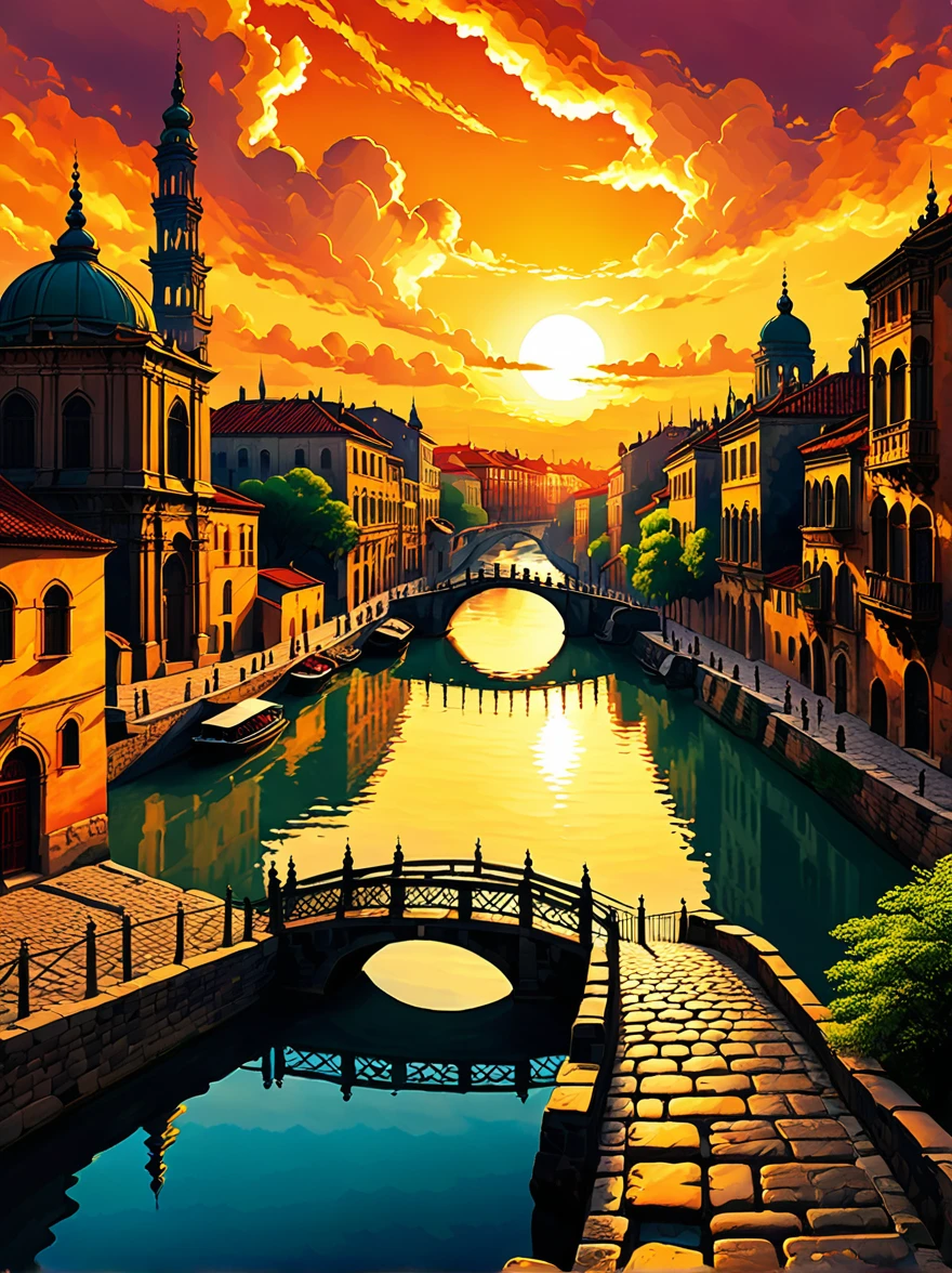 old city landscape at sunset, historical architecture, Warm sunshine, vivid clouds, tranquil water canal, ancient bridge, cobblestone pathway, Romantic atmosphere, golden sky, Silhouettes of domes and towers, peaceful evening