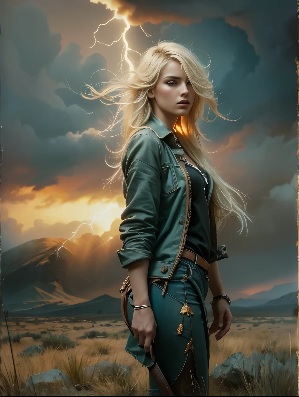 (masterpiece), cartoon, best quality,(photo_(medium):1.0), by Antonio J. Manzanedo, by Jeremy Lipking, lightning, in a surreal sand desert landscape, painting style with watercolor, Brushstrokes, black eyes,colorful,vibrant colors,1 ultra hot gorgeous European woman. Blonde hair. Casual clothes.