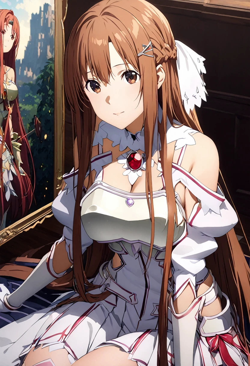 masterpiece, Highest quality, High resolution、Highest quality、unity 8k wallpaper、32k、Very detailed、超High resolution、Very detailedな顔、RAW Photos、Professional、Ultra-fine painting、asuna yuuki, long hair, bangs, brown hair, brown eyes, very long hair, braid, dress, bare shoulders, detached sleeves, white dress, armor, breastplate, white armor、White and red magical girl costume、Puff sleeves、Shoulder rest、Silver Breastplate、Pleated skirt、Long gloves、Thigh-high stiletto boots、A large white and red ribbon with a large ruby brooch on the chest、Hair Clip、Hair Ribbon、