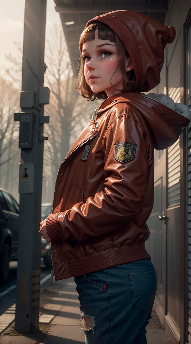 score_9_up, score_8_up, score_7_up, Millie Bobby Brown, mbb, wearing a red jacket and a hood in a dark forrest, horror style, stranger things, netflix