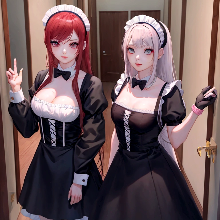 Anime style, masterpiece, maximum quality, maximum resolution, maximum sharpness. A woman in a maid outfit / Princess Zelda / Ultraman / huge breasts / several men around her, inside a bus, she has red hair, green eyes, is smiling, her clothes are black shirt with white shot and white corset.