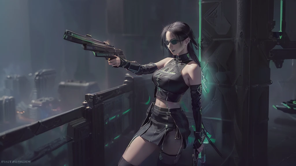 cyberpunk-style city with a nocturnal vibe with Matrix-like aesthetic references, glowing huge clock tower as time machine, green glowing cascading code. At night, (1girl, solo, alone), photorealistic, medium-breast slim:0.6 body, oval:0.5 face, cleavage:1.1, sexy black laced bra, miniskirt, white laced panty, coat, (black micro sunglasses), (holding a short gun), (slightly leaning forward running pose), ((half-body thigh level medium shot)), cinematic lighting, ray tracing, radial zoom blurred background.