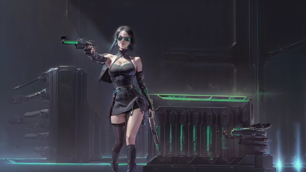 cyberpunk-style city with a nocturnal vibe with Matrix-like aesthetic references, glowing huge clock tower as time machine, green glowing cascading code. At night, (1girl, solo, alone), photorealistic, medium-breast slim:0.6 body, oval:0.5 face, cleavage:1.1, sexy black laced bra, miniskirt, white laced panty, coat, (black micro sunglasses), (holding a short gun), (slightly leaning forward running pose), ((half-body thigh level medium shot)), cinematic lighting, ray tracing, radial zoom blurred background.