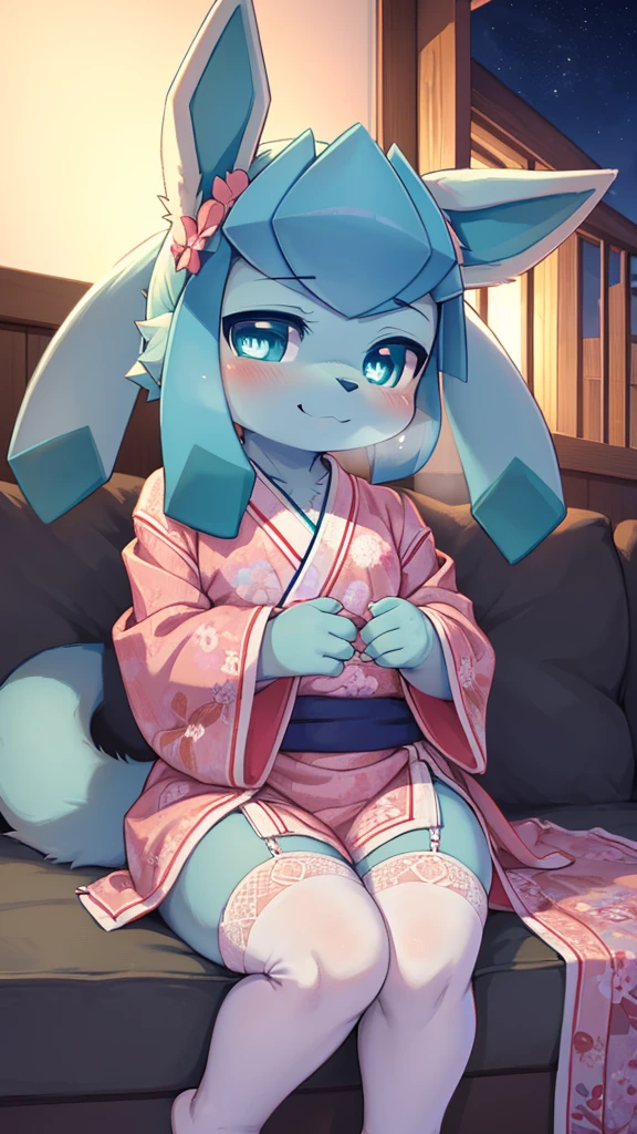 art by dagasi, (toddler:1.5), chibi, Uploaded to e621.net, fox boy, (Pixelsketcher), (wamudraws), (masterpiece), (HD), (high res), (feet visible), (furry anthro), (detailed fur), (detailed shading), (beautiful render art), anthro Glaceon, cyan eyes, glowing eyes, neon eyes, glistering eyes,medium breasts, pink lace lingerie, (usando un Kimono, hermoso y detallado kimono), white lace stockings, dark blue sky, huge bluemoon, hungry face, desire smile, eye close, looking at viewer, full face blush, heavy breath, very hot, heart eyes, shy expression eyes, shy pose, front view, Glaceon, 