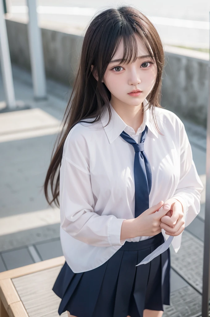 ((highest quality, masterpiece :1.3)), Photorealistic、Ultra-high resolution、Natural skin texture、Hyperrealism、Photograph from the knee up、15 year old Japanese beautiful girl、Twin tail hair、well-shaped breasts、White collared shirt and tie、mini skirt、Painful expression