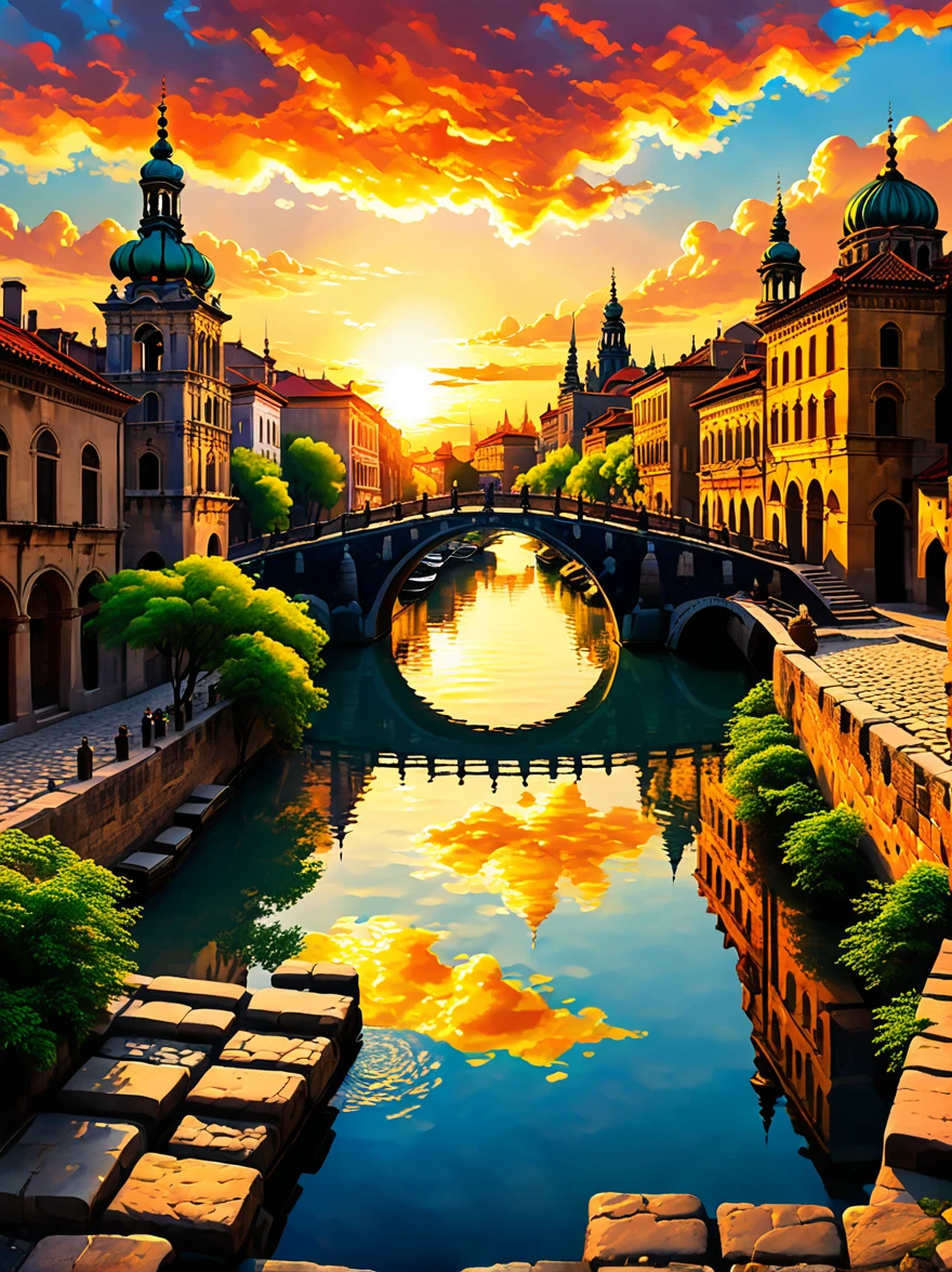 old city landscape at sunset, historical architecture, Warm sunshine, vivid clouds, tranquil water canal, ancient bridge, cobblestone pathway, Romantic atmosphere, golden sky, Silhouettes of domes and towers, peaceful evening