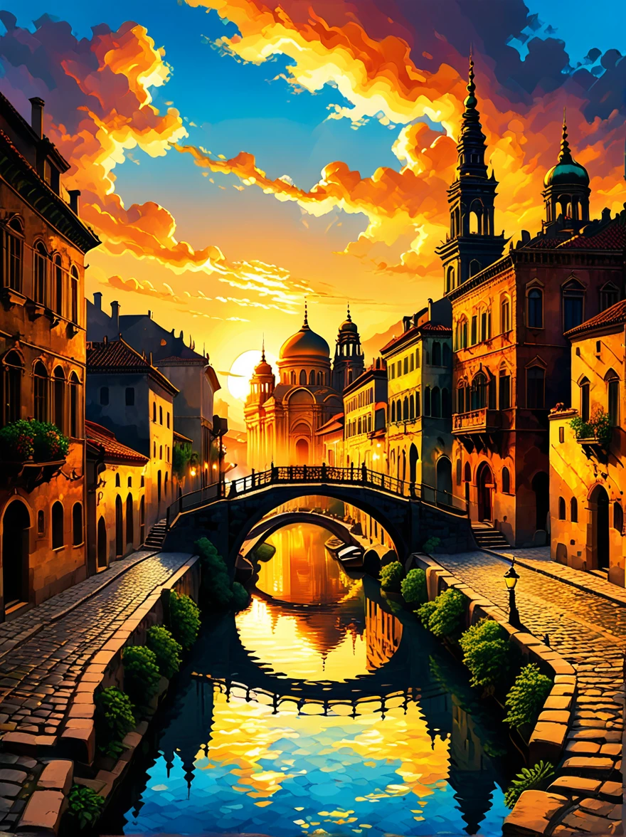 old city landscape at sunset, historical architecture, Warm sunshine, vivid clouds, tranquil water canal, ancient bridge, cobblestone pathway, Romantic atmosphere, golden sky, Silhouettes of domes and towers, peaceful evening