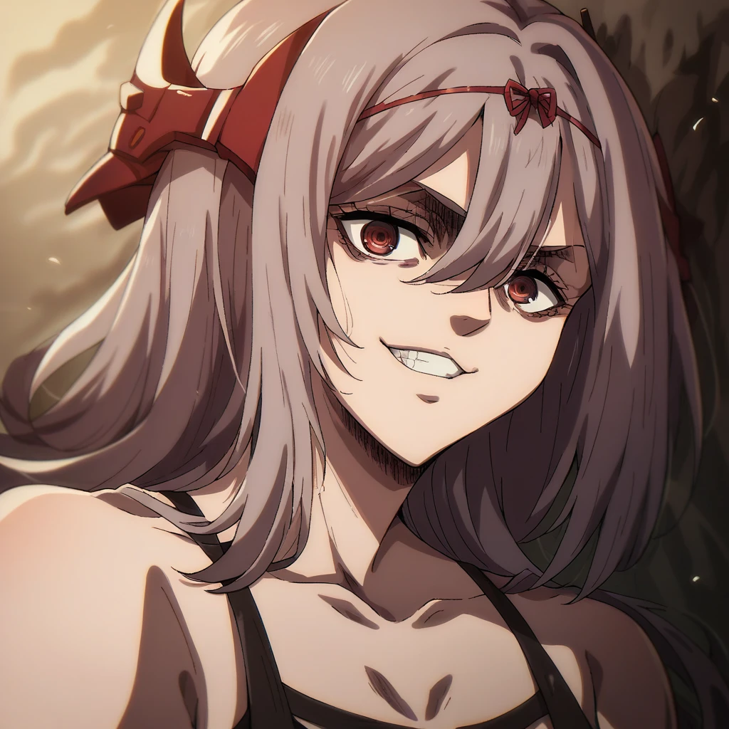 shingeki_no_kyojin_s4_style, portrait, solo, scrltbs, red eyes, long hair, grey hair, bangs, headgear, red hair ribbon,surtr swimsuit, grin, looking at viewer