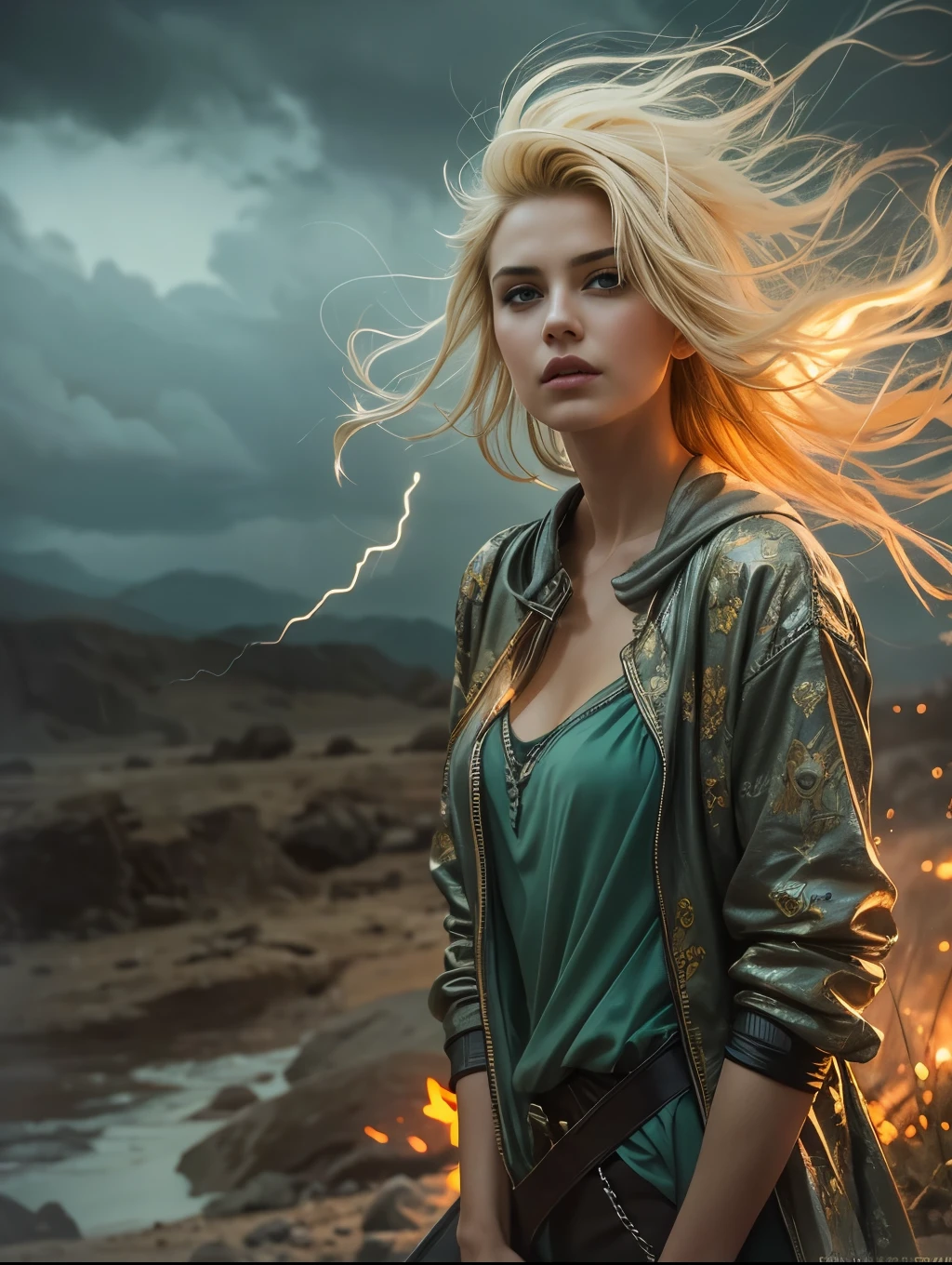 (masterpiece), cartoon, best quality,(photo_(medium):1.0), by Antonio J. Manzanedo, by Jeremy Lipking, lightning, in a surreal landscape, painting style with watercolor, Brushstrokes, black eyes,colorful,vibrant colors,1 ultra hot gorgeous European woman. Blonde hair. Casual clothes.