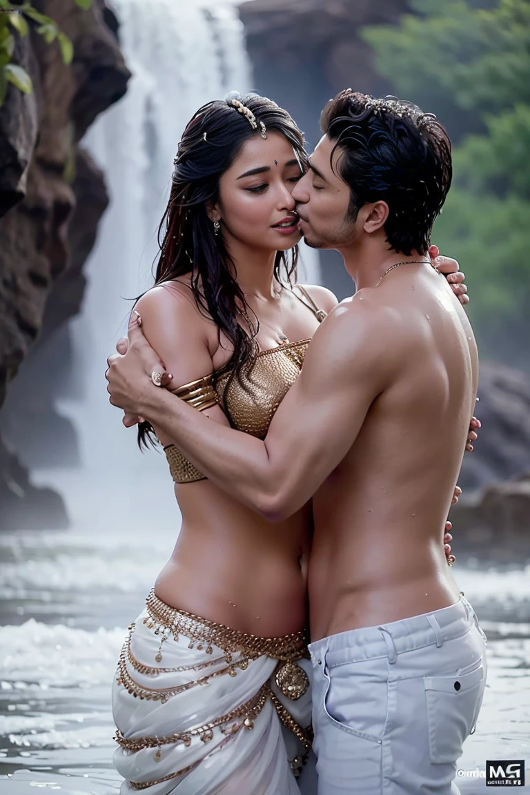 HD wallpaper 32k cinematic shoot of a Beautiful cute wet Pooja Hegde, with thick thighs and a curvy waist,  wearing a beautiful Indian dress, ((lowwaist)), ((hugging by a man)), ((hug)), ((wet girl)), ((sweaty girl)), ((hugging a man)), hug,