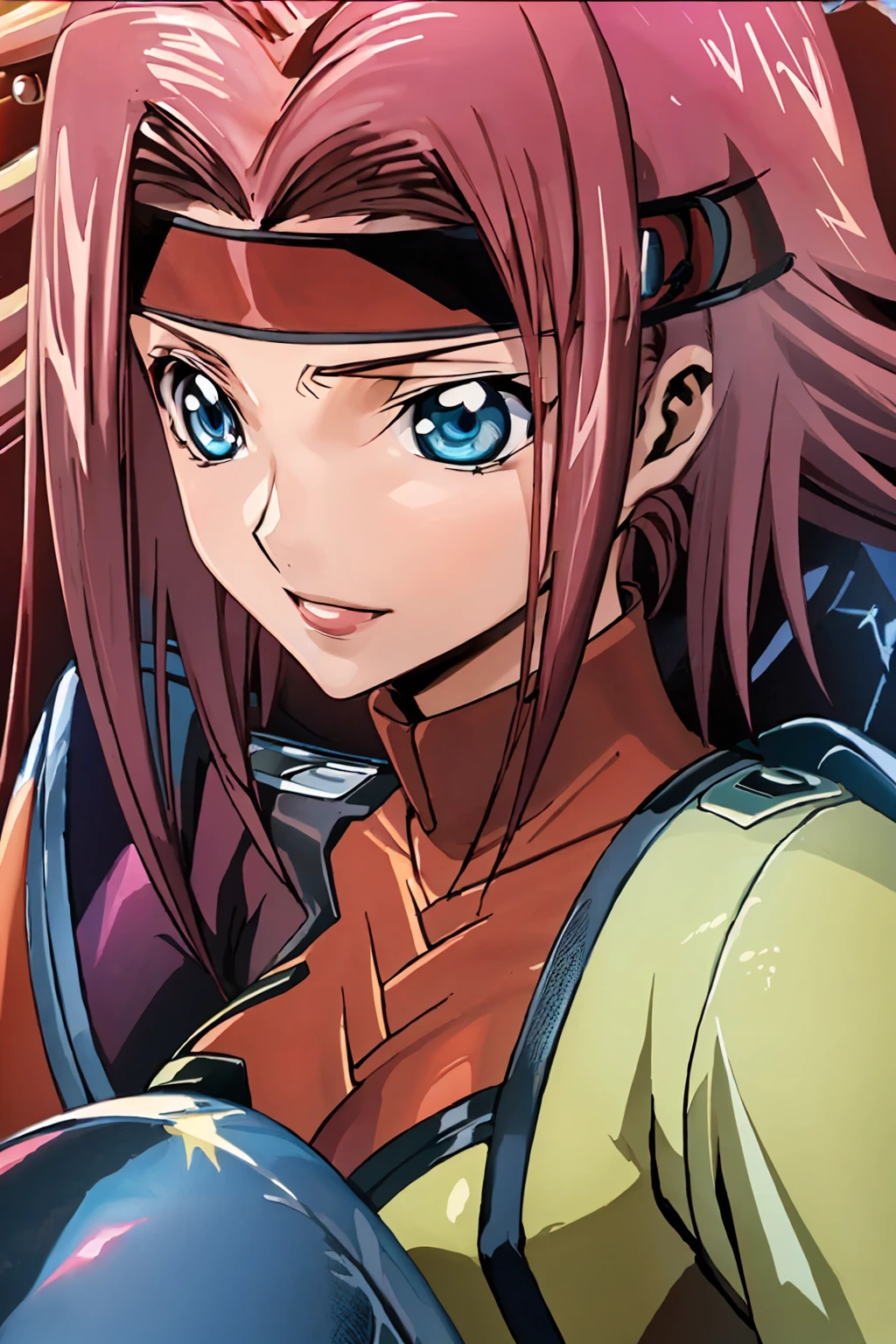 (Highest quality, masterpiece:1.3),Karen Code Geass,(Pilot Suit 2:1.3), Very detailed,One girl,(colorful),(Beautifully detailed eyes and face),blue eyes,Redhead,Cinema Lighting,Very detailed CG unity 8k wallpaper,alone,smile,cockpit,(Cowboy Shot:1.3),(Red headband:1.3)