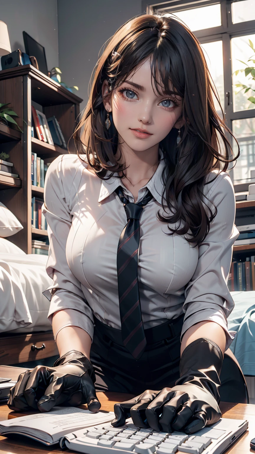 masterpiece, Highest quality, Twitch-chan, Hair Clip, hair ornaments, Collared shirt, No sleeve, tie, sitting behind a desk, View your viewers, smile, wave hands, Silver accessories on the wrist、bedroom, bed, computer mouse, keyboard 