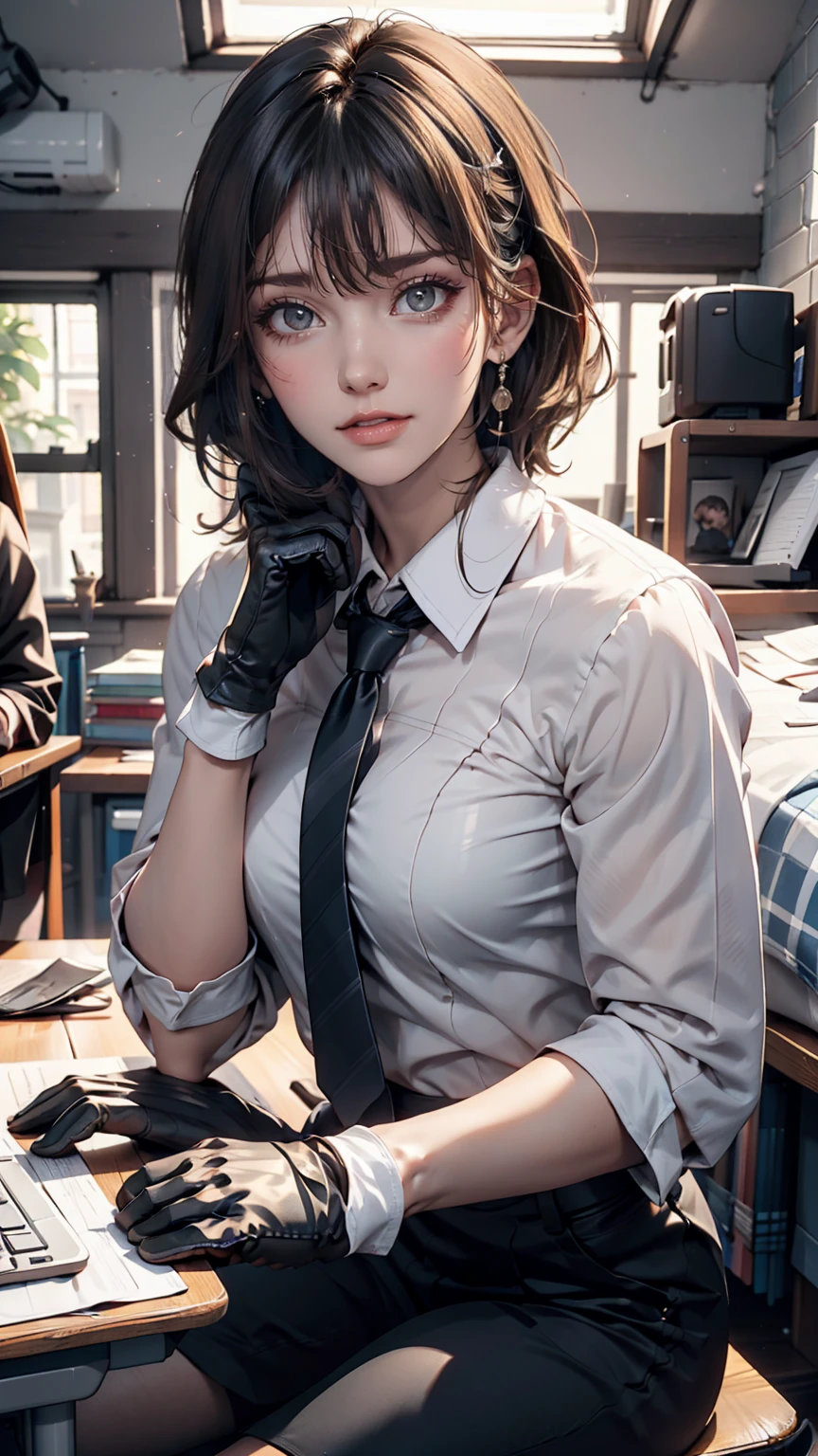 masterpiece, Highest quality, Twitch-chan, Hair Clip, hair ornaments, Collared shirt, No sleeve, tie, gloves, sitting behind a desk, View your viewers, smile, wave hands, bedroom, bed, computer mouse, keyboard