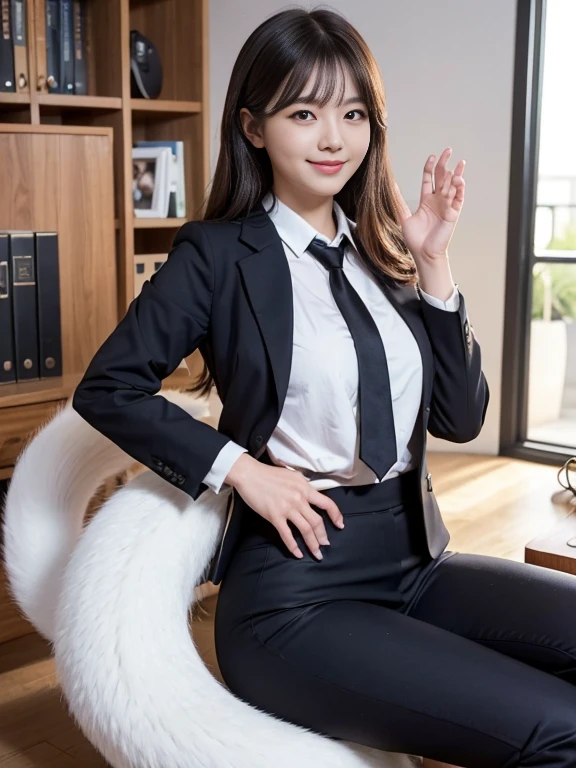 ((Highest quality, 32k)), ((masterpiece)), (Familiar), Perfect Face, Fox Girl, Pretty girl, Office Lady, indoor, Has one tail, She has a northern fox tail, She stretches out her fluffy tail, Beautiful hip line, Thick thighs, She is wearing business pants, Turn your butt towards the front, A large tail sticks out, Waving his tail happily, She only has one tail, Smiling Kindly