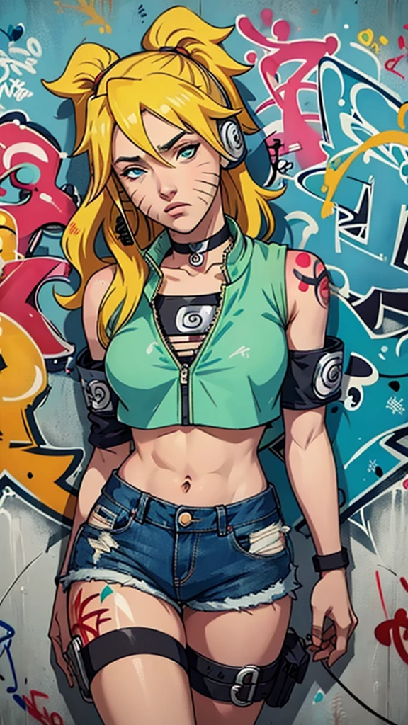 masterpiece, best quality, 1girl, solo, crop top, denim shorts, choker, (graffiti:1.5),  arms behind back, against wall, looking at viewer, armband, thigh strap, head tilt, bored, blonde hair, aqua eyes, headset, Naruto jutsu sexy (naruko Uzumaki).