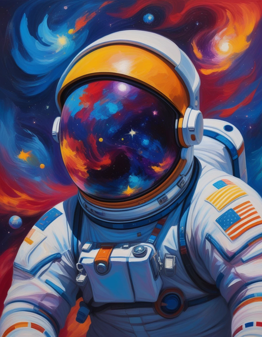 Indonesian astronaut, red and white flag, A Fauvist-inspired painting of an astronaut floating in space. The astronaut's suit is depicted in bold, non-naturalistic colors such as electric blue, fiery red, and vibrant yellow. The helmet visor reflects an array of bright, exaggerated hues, capturing the cosmos' vivid beauty. The background is a swirling mix of intense, saturated colors representing stars, galaxies, and nebulae. The brushstrokes are expressive and loose, adding a sense of movement and energy to the scene. The overall effect is one of surreal beauty and emotional intensity, blending the adventurous spirit of space exploration with the bold, expressive style of Fauvism. Highly detailed, vibrant colors, expressive brushstrokes, surreal atmosphere, cosmic elements, masterpiece, best quality, amazing quality, very aesthetic, absurdres