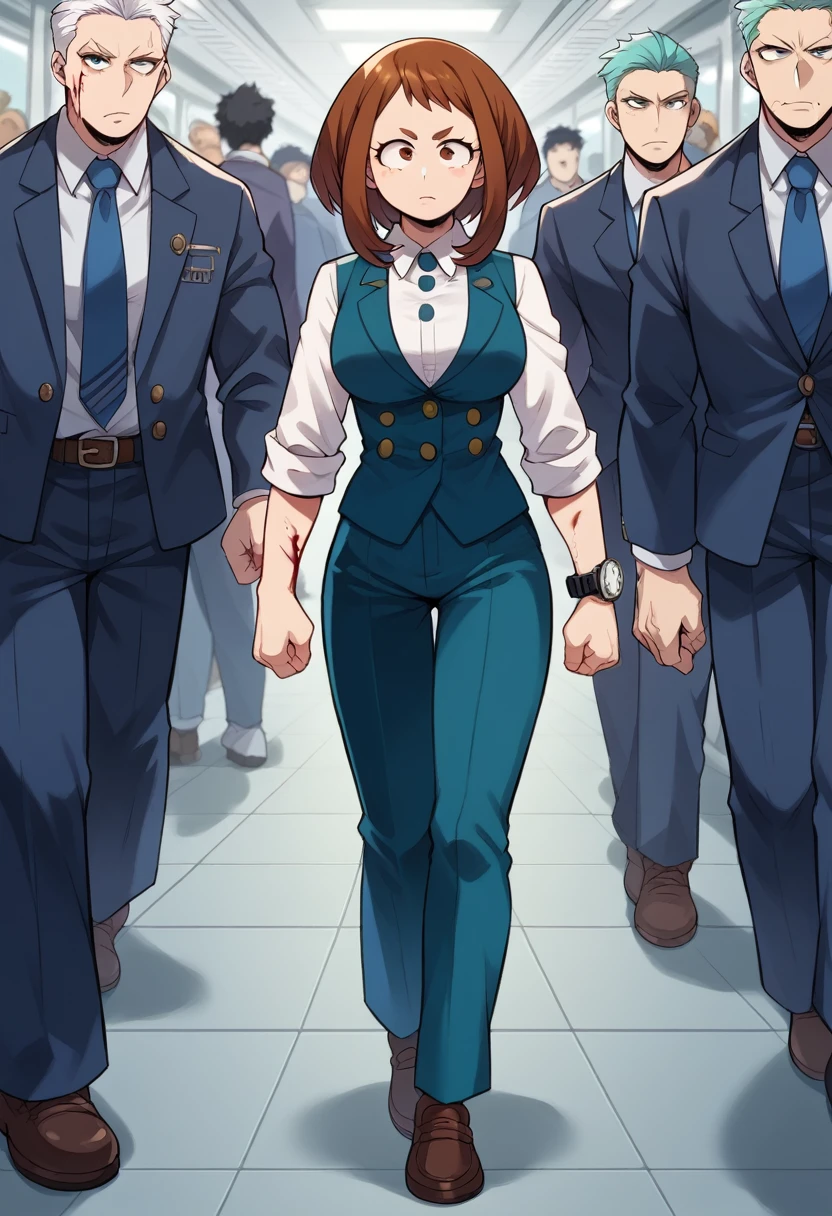 Ochako uraraka, Women, defined body, big breasts, small waist, thin arms, serious expression, Un chaleco blue suit with pinstripes, A light blue dress shirt with the sleeves rolled up to the elbows., Pants matching the vest., blue suit with pinstripes, black dress shoes, watch on left wrist, tattoos on forearms, head injury, walking epically, blood dripping from forehead, walking through the carriages of a train, alone