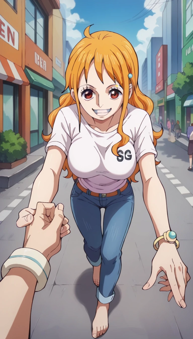 score_9, score_8_up, score_7_up, score_6_up, score_5_up, score_4_up, BREAK source_anime,POV,city,outdoor,smile,standing, nami_egghead, orange hair, long hair, wavy hair, side locks, brown eyes, large breasts, white t-shirt,short sleeves,jeans,denim