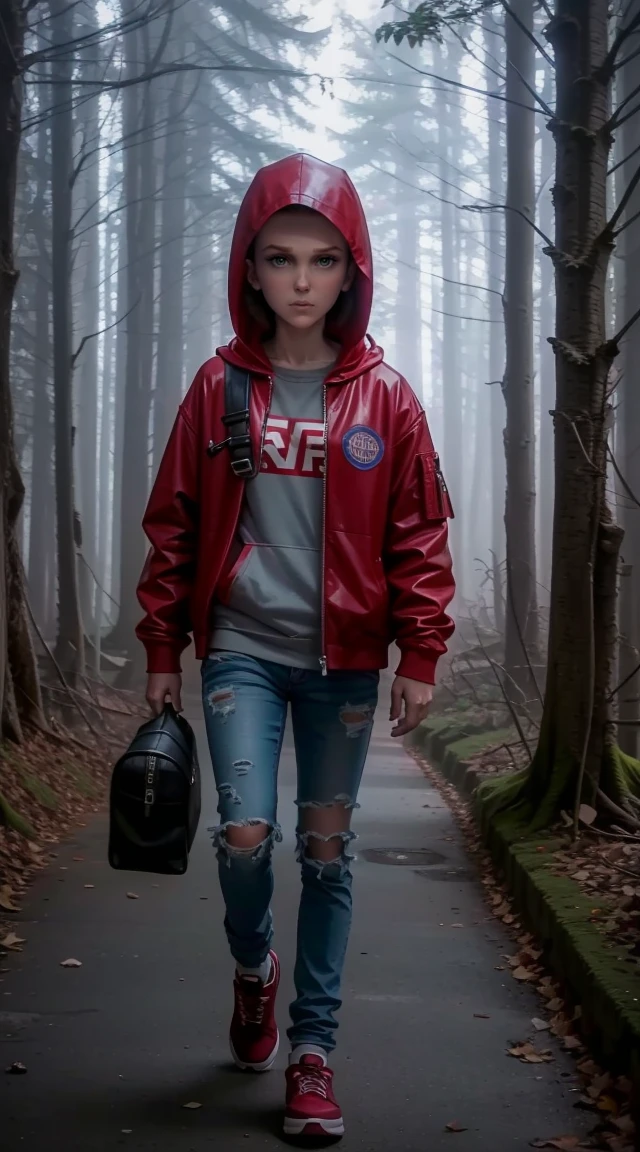 Millie Bobby Brown, mbb, wearing a red jacket and a hood in a dark forrest, horror style, stranger things, netflix, d3m0g