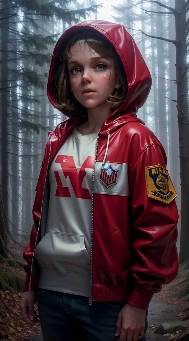 Millie Bobby Brown, mbb, wearing a red jacket and a hood in a dark forrest, horror style, stranger things, netflix, d3m0g