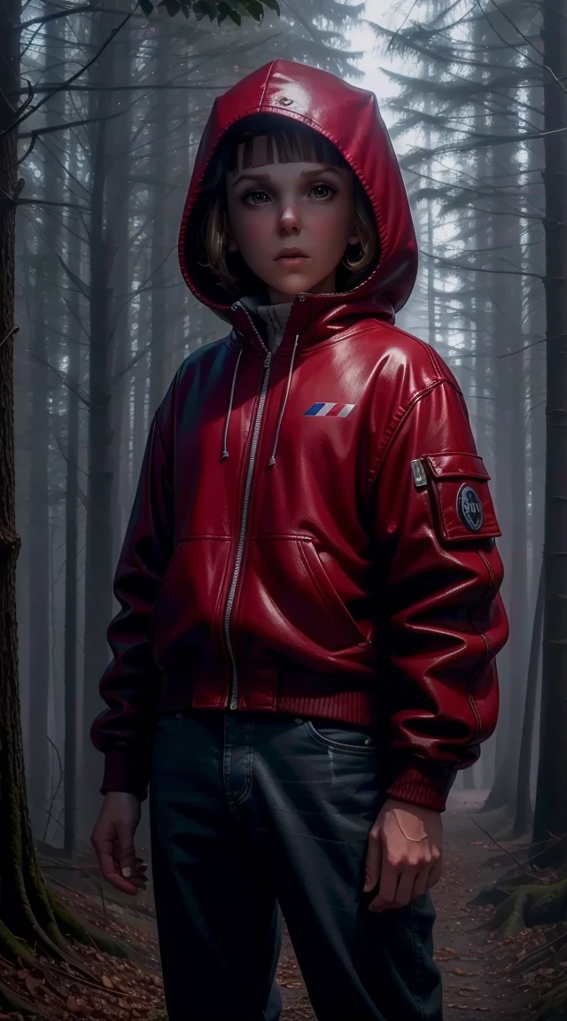 Millie Bobby Brown, mbb, wearing a red jacket and a hood in a dark forrest, horror style, stranger things, netflix, d3m0g