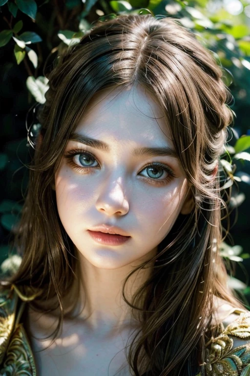 1girl, beautiful detailed eyes, beautiful detailed lips, extremely detailed face and features, long eyelashes, intricate dress, elegant pose, serene expression, ornate garden, lush foliage, golden hour lighting, dramatic shadows, muted color palette, cinematic composition, photorealistic, 8k, high quality, masterpiece