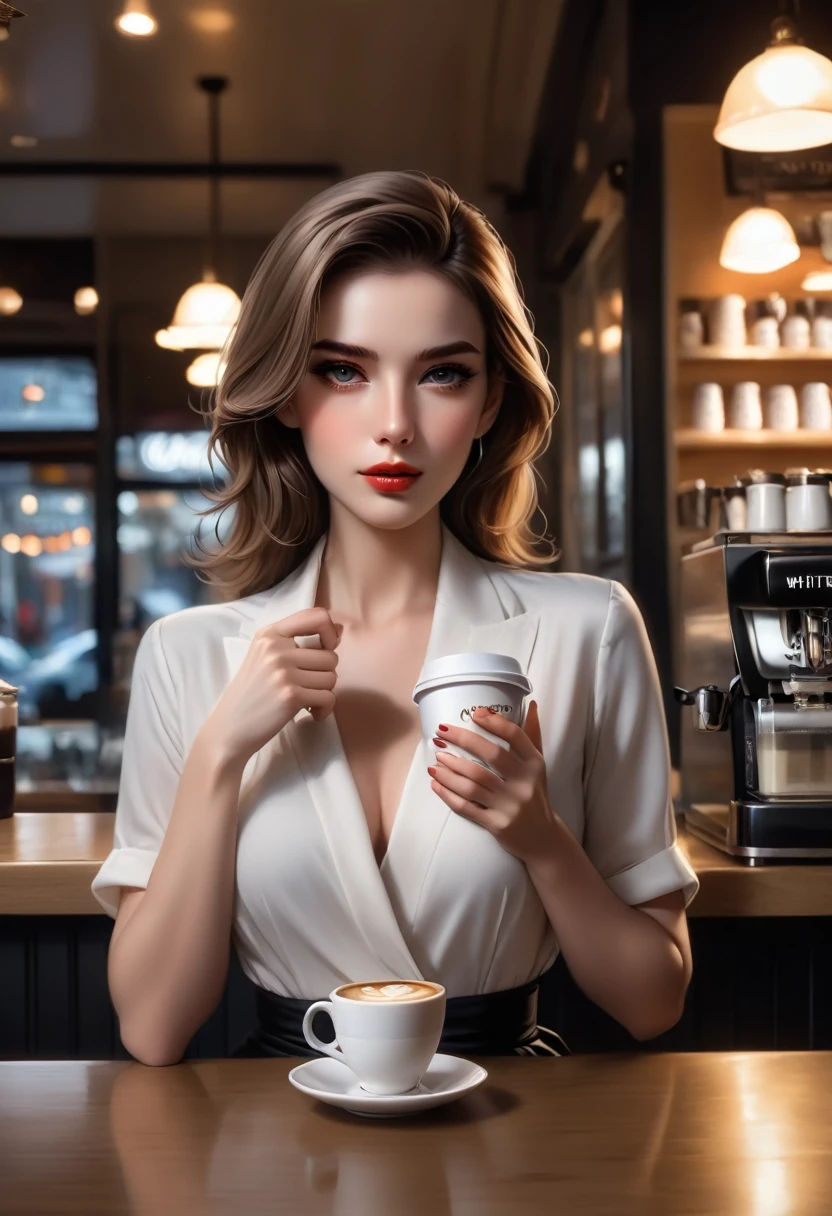(8K, best quality, masterpiece:1,2), (Practical, photo-Practical:1,37), top quality, masterpiece, A beautiful woman, I want coffee, a coffee cup, elegant style. Urban, feminine style, Brightens the skin, beautiful eyes, medium length hair, café,dim light,Depression atmosphere,lenses