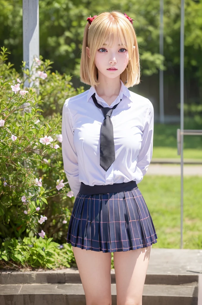 (8k、RAW Photos、Highest quality、masterpiece:1.2),(Spread your legs a little,Spread your legs a little:1.3),(Very short blonde bob cut:1.3),Looking away,Facing in a different direction、Front view,erotic,White skin,(White panties),masterpiece,Highest quality、Ultra-high resolution,One person, One personで,whole body,high school girl,Japanese women、(Realistic:1.37)、Photon Mapping,Realistic、(Cute Face、Round face: 1.4)、Baby Face、Attractive face、Blushing、(Red tie)、Radio City、Physically Based Rendering、prospect、Written boundary depth、Blurred Background,Beautiful legs, Nose Soft,(Light blue shirt), (navy, Short sleeve、Blue and white checked pleated skirt), I can see your knees,(Thigh close-up:1.3),Nogizaka Idol, , Japanese Ido、Small, flat chest、whole body写真、Super Definition、Sit on a chair and spread your legs slightly、White loose socks、Brown leather shoes、Outdoor、Blonde bangs