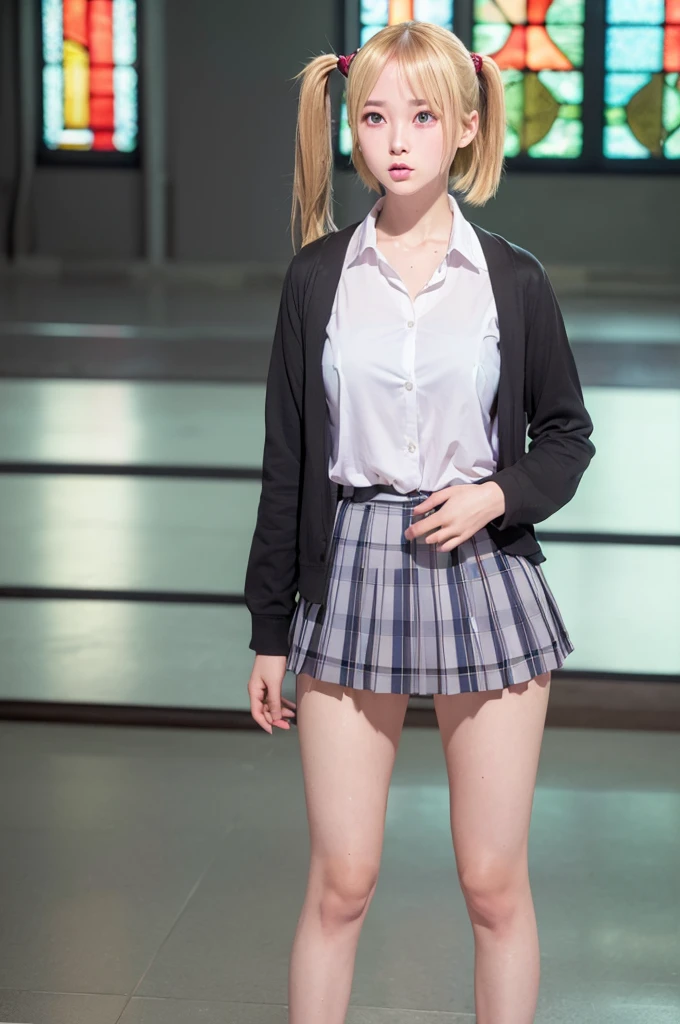  bob cut from the front,   silver-haired, (( school uniform:1.4)), jeans　 shorts, whole body, Bare thigh, Standing on stage, (( upside down ,  panchira )), Upskirt, ((from below ))