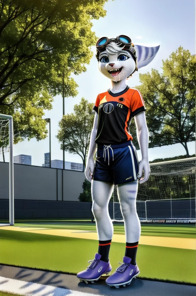 Rivet, tail, furry girl, 1girl, solo, young, ((Germany soccer shorts)), ((Germany soccer shirt)), ((Germany soccer shoes)), standing inside city park, detailed body fur, detailed body, detailed eyes, detailed face, athletic, skinny, high quality, masterpiece, small breasts, goggles, :D, looking at you, full body, (good lighting on crotch), (climaxing expression), (horny), (ogasm expression), (bedroom eyes), (vaginal juice dripping from crotch)