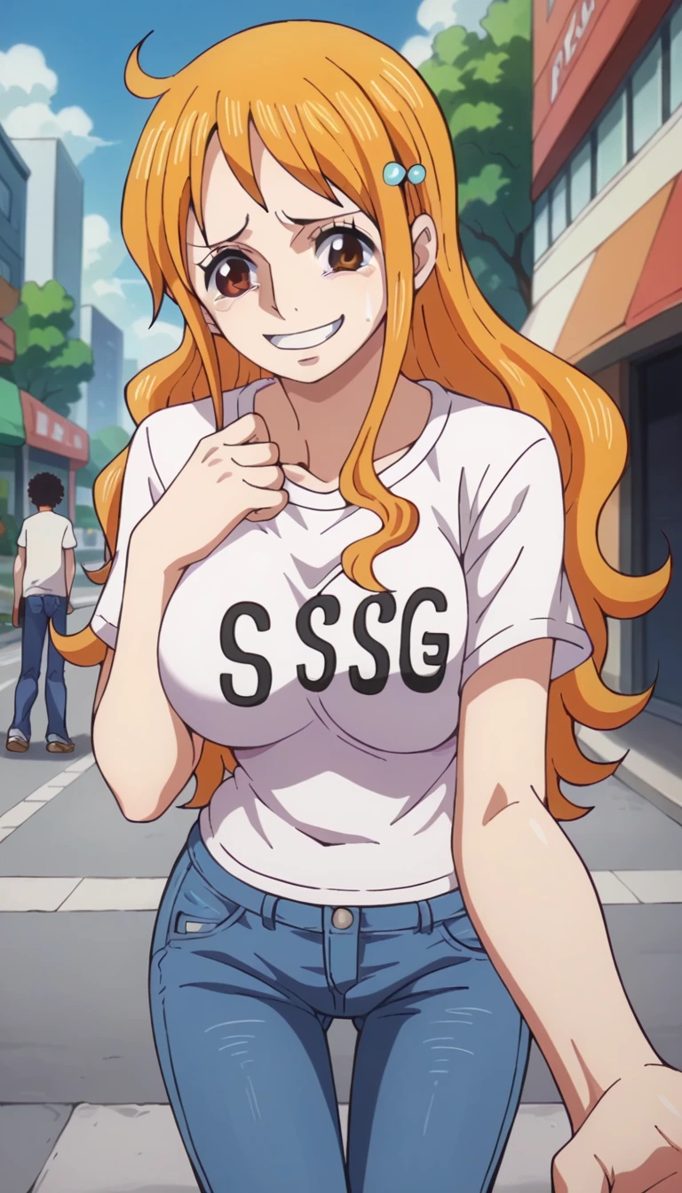 score_9, score_8_up, score_7_up, score_6_up, score_5_up, score_4_up, BREAK source_anime,POV,city,outdoor,smile,standing, nami_egghead, orange hair, long hair, wavy hair, side locks, brown eyes, large breasts, white t-shirt,short sleeves,jeans,denim,cry,tears,big boob