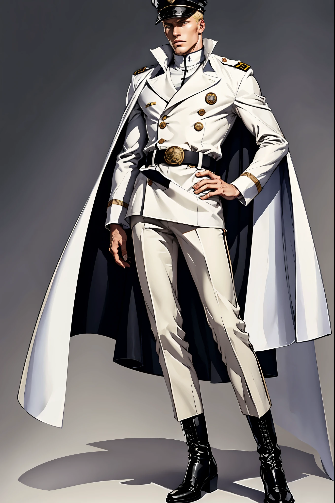 naughty man, straight and short blonde hair, wearing a white military uniform, double button coat, short cape over the shoulders, black belt with an emblem on the waist, white pants that are wide at the hips and taper at the ankles and are tucked into tall black boots with white detailing on the front, white military hat with a black brim and an emblem in the center of the front ((quincy style))