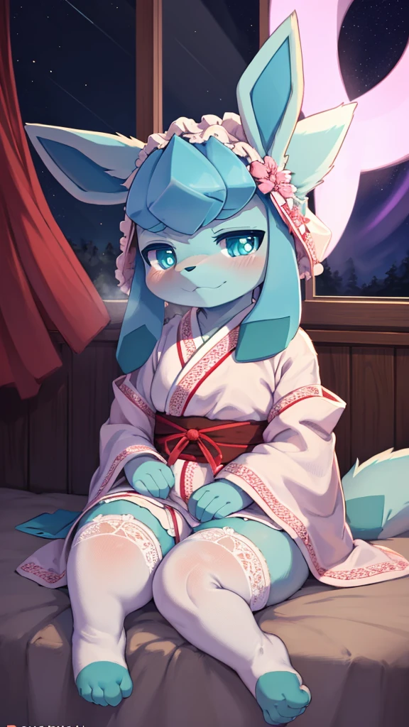 art by dagasi, (toddler:1.5), Uploaded to e621.net, fox boy, (Pixelsketcher), (wamudraws), (masterpiece), (HD), (high res), (feet visible), (furry anthro), (detailed fur), (detailed shading), (beautiful render art), anthro Glaceon, cyan eyes, glowing eyes, neon eyes, glistering eyes,medium breasts, pink lace lingerie, (usando un Kimono, hermoso y detallado kimono), white lace stockings, really dark night, [zero lighting], northern lights in the background, night sky, looking at the viewer with longing, full face blush, heavy breath, shy expression eyes, Glaceon, 