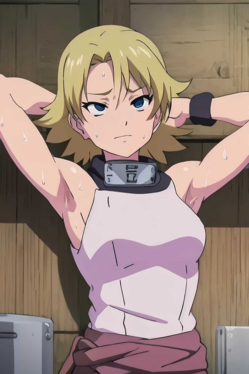 Temari,1girl, solo,armpits,wet armpits, showing wet armpits, armpit,armpits,sweat,sweaty,sweaty armpits,awesome armpits,tired,exhausted,arms up,blackish arm warmers,sleeveless