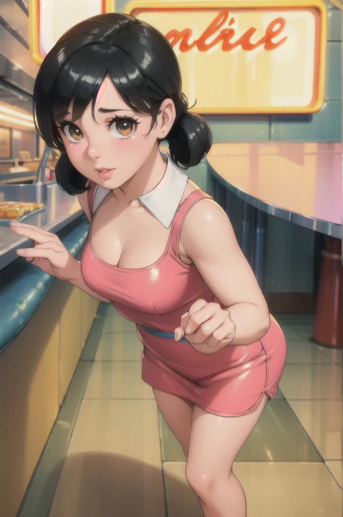 a waitress at a 1970s diner, detailed face and eyes, beautiful detailed lips, intricate hairstyle, vintage 1970s diner, neon signs, tiled floors, chrome accents, warm lighting, photorealistic, highly detailed, dynamic pose, vibrant colors, cinematic lighting, (best quality,4k,8k,highres,masterpiece:1.2),ultra-detailed,(realistic,photorealistic,photo-realistic:1.37)