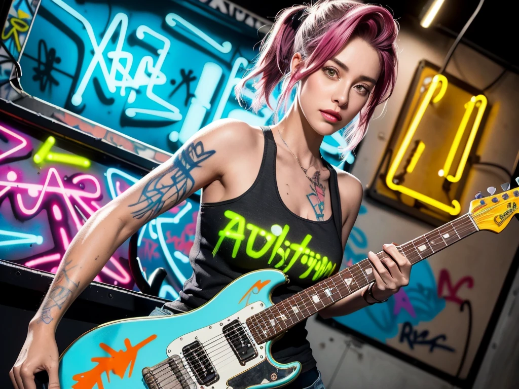 a gorgeous girl with short pixie cut, assymetrical ginger hair , holding an electric guitar, electric guitar , body tattoos , freckles , ripoped denim shorts , white crop top , solo
