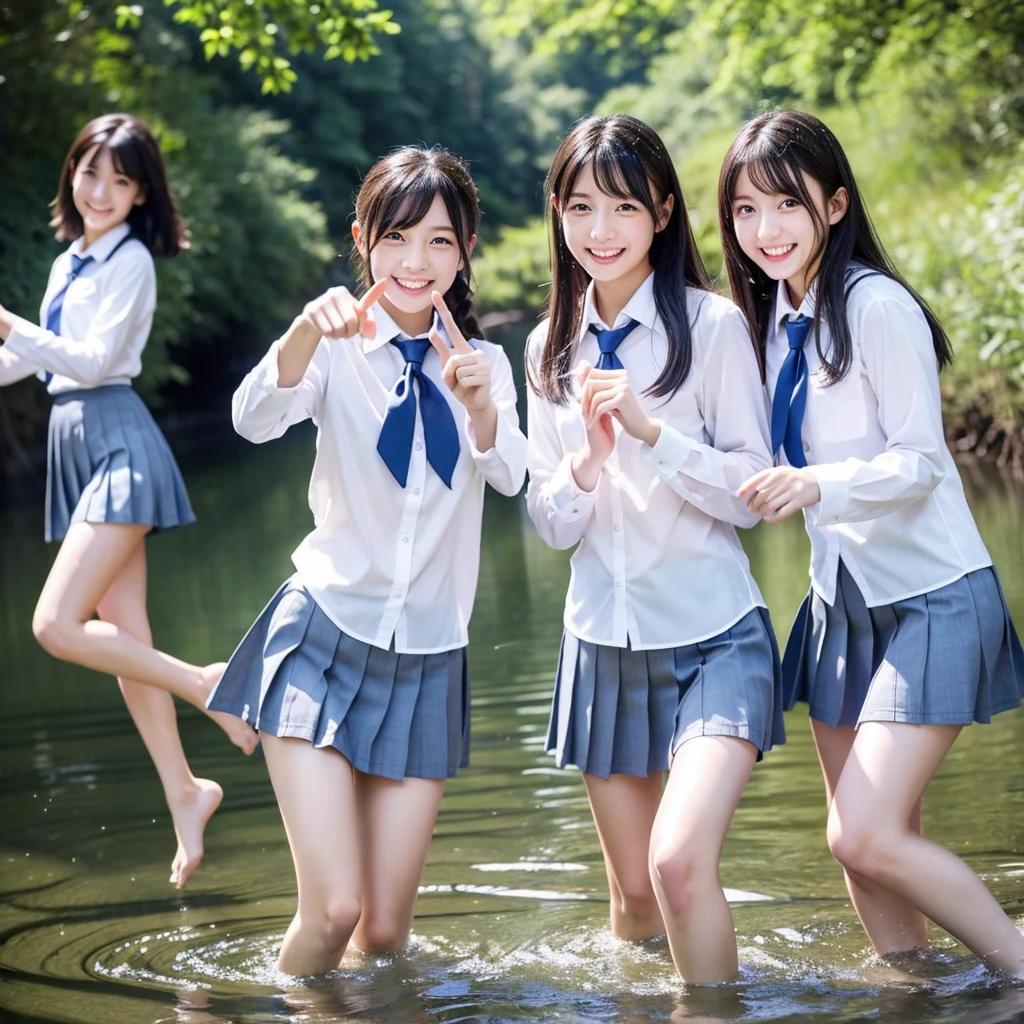 (Highest quality, masterpiece:1.2), Highest quality, Realistic, photograph, High resolution, 1080P, 8k, Physical Rendering, ((height: 155cm、Slim and slender style、medium firm chest)), ((((((Beautiful fashion models featured in Japanese fashion magazines。、Look directly at the viewer)))))), (((big, Very fine, Beautiful dark brown eyes))), ((((Everyone loves me、They are Laughter at me.!)))), Detailed fingers, (((length, Curled bangs))), ((((Very noble and cute eyes, Every detail is carefully drawn)))), ((double eyelid)), (((length eyelashes))), ((cute、Adorable、Adorable、Laughter、Laughter頬)), ((Pure white light hits my nose and cheeks. Her naked eyes and pale skin are beautifully white....(((((No makeup))))))、 (((((Her face is very expressive、With a noble smile。, so sweet, very smart))))), ((((A striking plain navy large school ribbon bow tie)))), ((((Beautiful long black hair fluttering in the wind)))), (((((((She rolled up her formal long pleated skirt, Blue and navy tartan check,))))))), ((((The size is a bit small、She lifted up her white sleeveless shirt with a gold emblem on it.., She shows off her beautiful small breasts.、Upper body nude)))), ((As elegant as a noble princess)), (((((Girls exposing their breasts in the river in the valley)))))), (((from before, Create striking images with exposed breasts..))(((((( Naked schoolgirl)))))、Tight waist((((((Very close))))))、((((((a memory from summer2Full-body nude high school girl)))))、Shortcut Straight Hair、極めてRealisticで詳細な背景